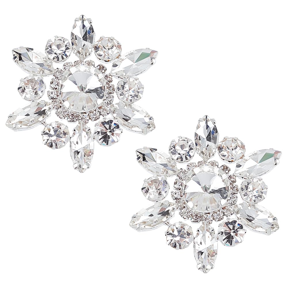 FINGERINSPIRE 2PCS Crystal Rhinstone Applique Platinum Color Alloy Shoe Decoration Glass Rhinestone Applique Snowflake Shape Flat Round Rhinestone Shoe Button Snowflake Patches for Wedding Bridal