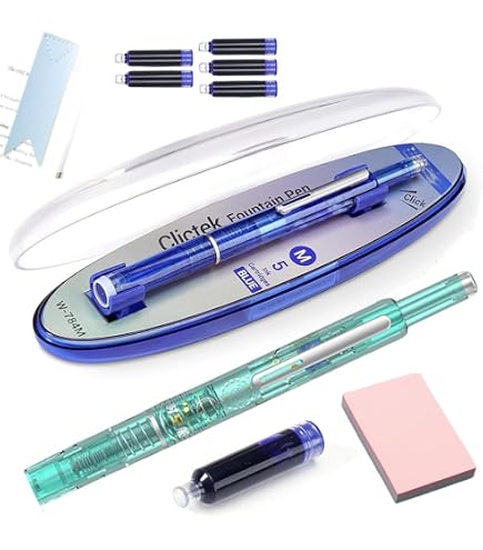 WRITECH Clictek Fountain Pen Set - Retractable Blue Ink With Transparent Barrel