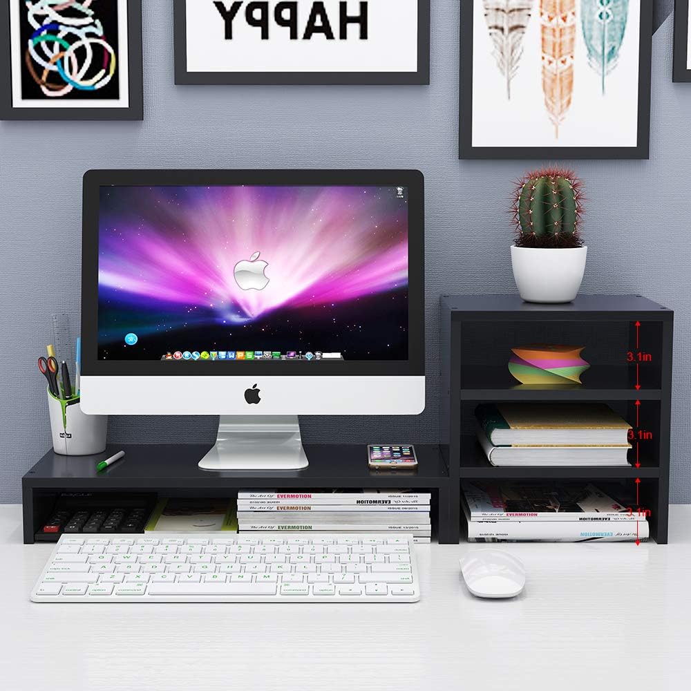 Wood Computer Monitor Stand Riser with Storage Organizer Black 3 Tier Desk Shelf Desktop PC Screen Raiser Stand Holder Rack for Home Office (29.7in, Indepent Design, Space Saver) : Office Products