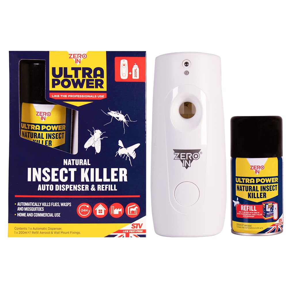 Zero In Ultra Power Natural Insect Killer Dispenser Kit - 200 ml Aerosol Automatic Dispenser & One-Shot Aerosol Bomb, Kills Flies, Cluster Flies, Fleas, Bed Bugs Use In Homes, Lofts and Outbuildings