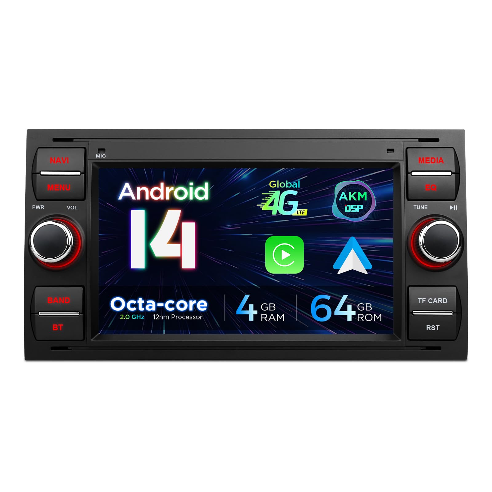XTRONS 7" Android 14 Car Stereo 4+64GB Radio Player for Ford Focus Fusion Fiesta, Built-in AKM DSP 4G Wireless CarAuto Play GPS Navigation RDS Radio Bluetooth WiFi, Optional AHD CAM TPMS DAB+