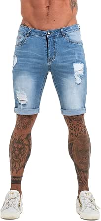 GINGTTO Mens Short Jeans Pants Ripped Slim Fit Denim Shorts for Men Holes Light Blue 32