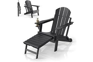 VINGLI Folding Adirondack Chair with Ottoman, Waterproof Plastic HDPE Firepit Chair for Outside with Hidden Footrests, Foldable Ergonomics Seating for Patio Porch Yard Garden(Black)