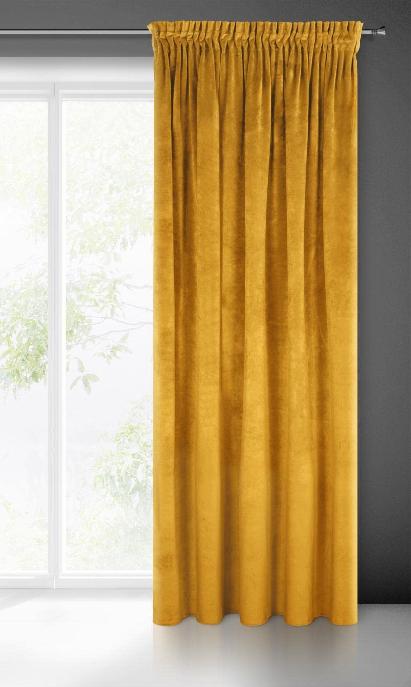 Eurofirany VILLA Soft Plain Opaque Velvet Curtain with Rufflette Tape For Rail - 1 Unit, Fluffy Panel Drape Classic Glamour Elegant Living Room, Bedroom, 290 g/m2, W55 x L106, Mustard Yellow