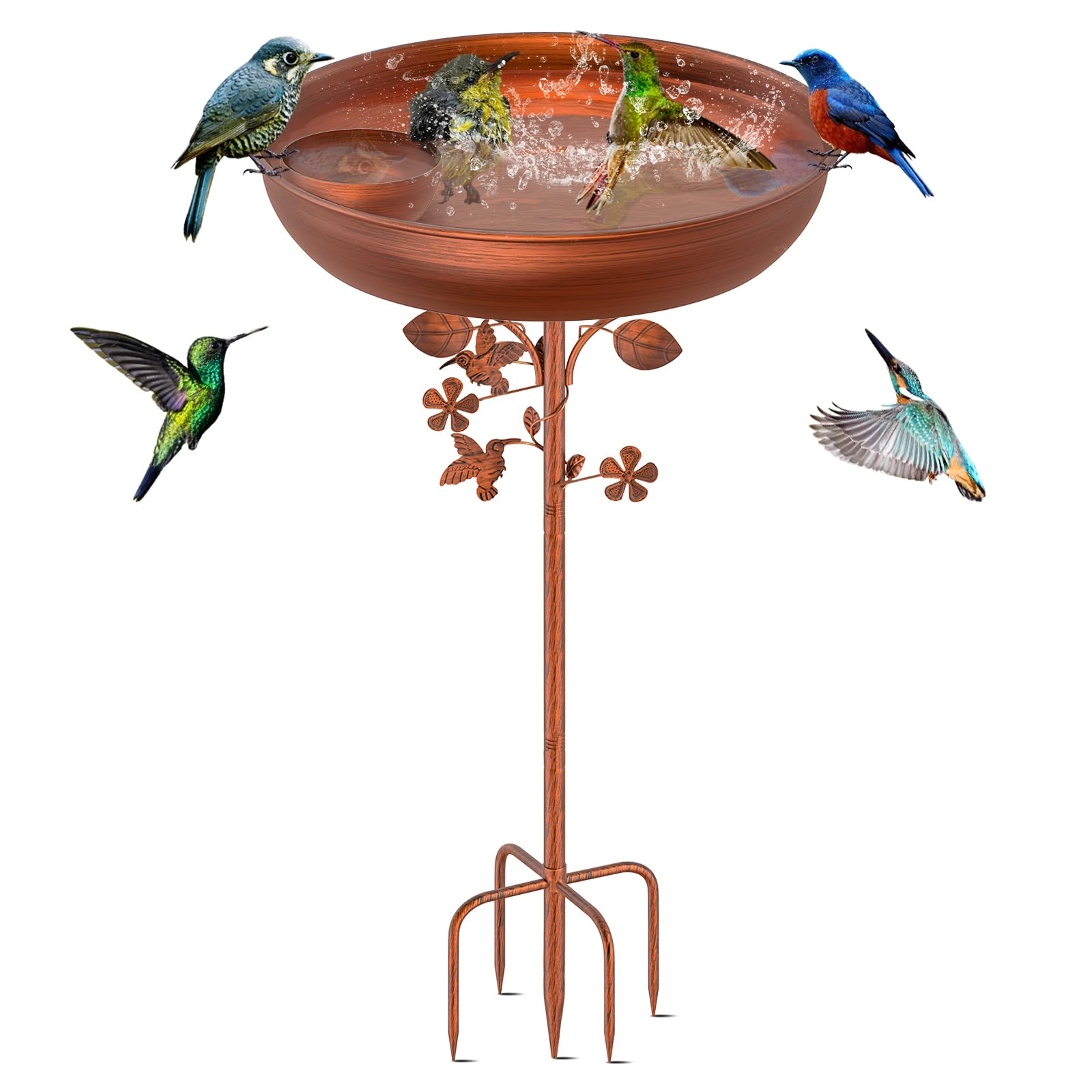 KHayRovies Metal Bird Bath for Outdoors Garden Birdbath Bowl, 39.6" Height Freestanding Bird Feeders for Outside with 5 Prongs Base Stake, Standing Birdfeeders Bird Bath Bowl for Yard Lawn Deco