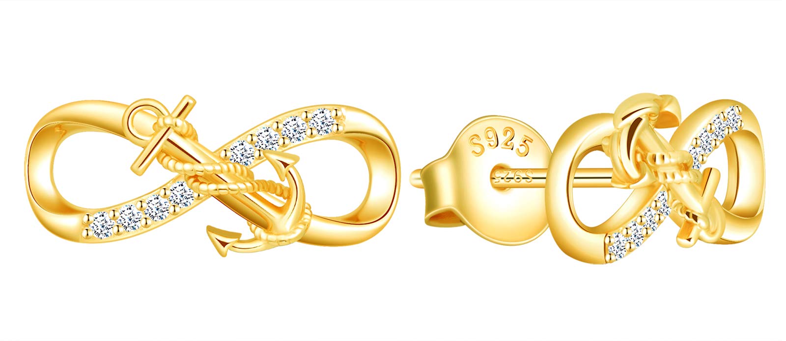 INFINIONLY Women's Earrings Studs, 925 sterling silver Jewellery Sets, Anchor and infinity symbol earrings, gold, Inlaid zircon, Christmas and Birthday gift — image 1