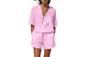 Women 2 Piece Outfits Lightweight Short Sleeve Lace Up Shirts and Shorts Sweatsuit Sets Cotton Linen Breathable Outfits