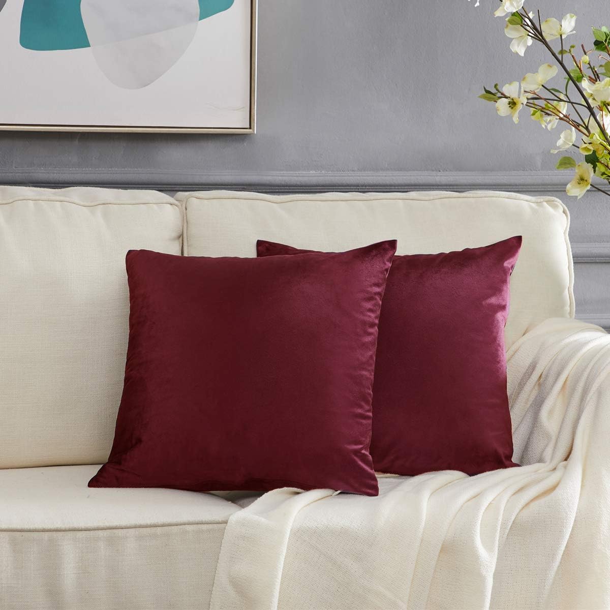 Gigizaza Velvet Cushion Covers 22 x 22 inches Wine Red Decorative Throw