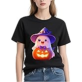 IRUD Halloween Shirts for Women - Pumpkin Ghost Wizard Hat Pattern Round Neck Short Sleeve
