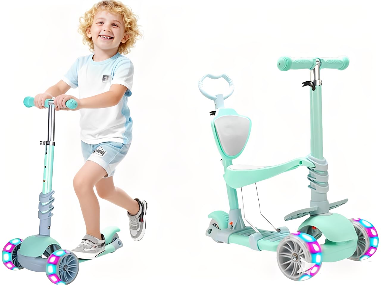 Forroby Kids Scooter 5 in 1 Height Adjustable with Seat,Parent Push Handle,Flashing Wheels and Backrest,Baby Scooter Sit to Stand with Light,Ride on Toys,Gifts Parents for Toddler Boys Girls child