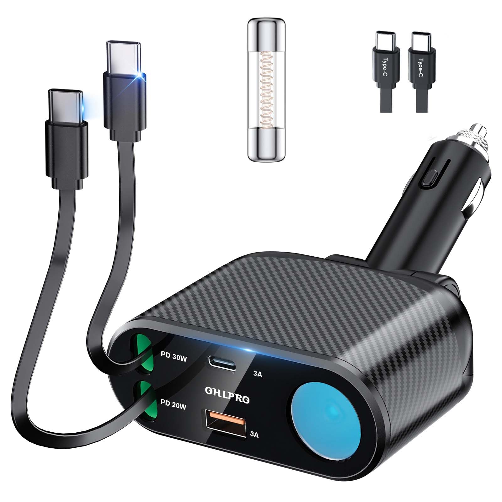 OHLPRO 5 in 1 Retractable Car Charger, 168W USB C Cigarette Lighter Adapter, Fast Car Phone Charger Built-in Replaceable Fuse, Socket Splitter with Dual USB Ports, Fit for Phone iPad Galaxy GPS, Gray