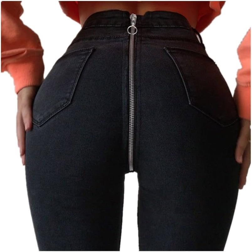 JIGAE New Sexy Collection Women Fashion Bodycon Embroidery Denim High Waist Back Zipper Denim Pants (S, Black)
