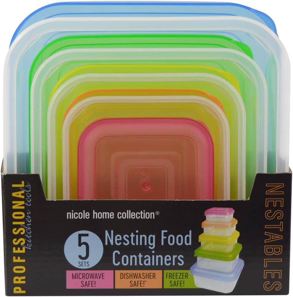 Nicole Home Collection Square Nestable Food Containers with Lids | Pack of 5, Multi Square