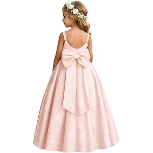 TGICBV Jacquard Satin Bow Flower Girl Dress for Wedding | Round Neck, Floral Jacquard, Bow Back, Adjustable Straps, A-line, F