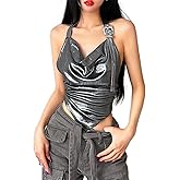 Women's Metallic Halter Crop Top Draped Neck Tie Sleeveless Backless Shiny Halter Top Cami Camisole Tank Top Party Clubwear