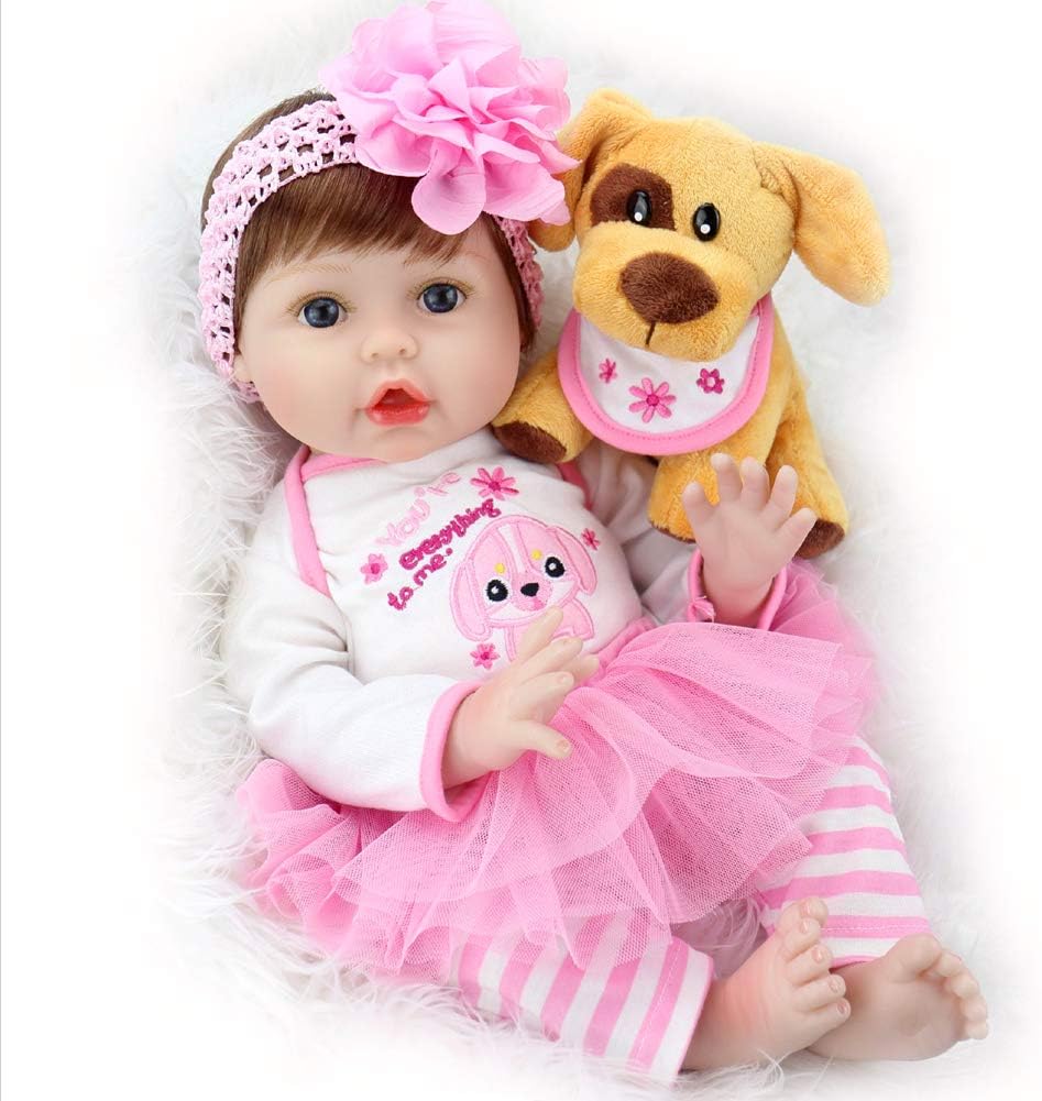 Aori Realistic Reborn Baby Doll 22 Inch Lifelike Real Baby Doll Weighted Baby Girl with Puppy Gift Set