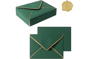 Topeen 50 Pieces A7 Envelopes with Gold Border, 5.24 x 7.21 Inches Envelopes with Gold Stickers for Greeting Cards and Invitation (Dark Green, A7-5x7)