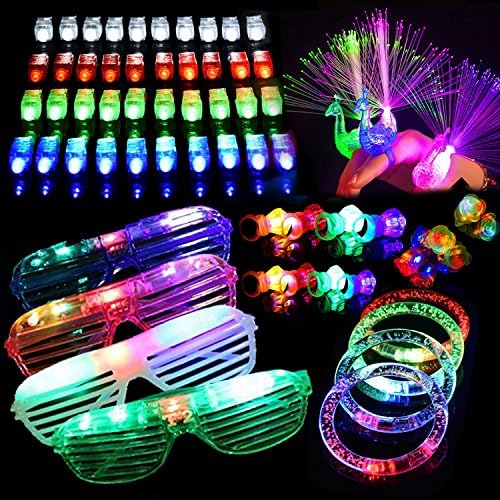 64 PCS LED Light Up Toys Glow in the Dark Party Supplies, Party Favors for Kids with 40 LED Finger Lights, 12 Flashing Bumpy Rings,4 Peafowl Rings, 4 Bracelets and 4 Flashing Slotted Shades Glasses