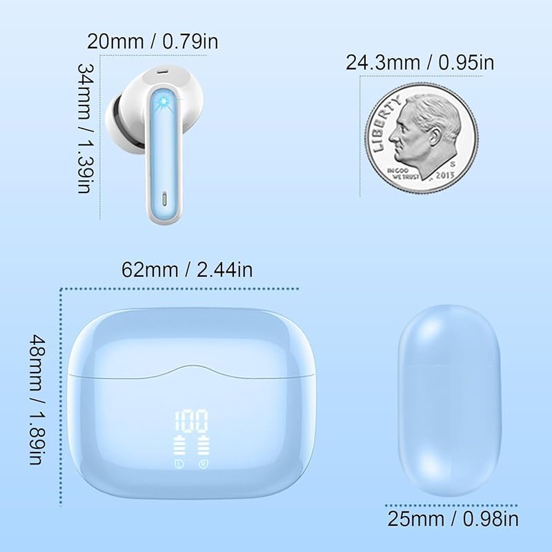 Ecouteurs Bluetooth Sans Fil, Écouteurs Bluetooth 5.4 Hi-FI Stéréo avec 4 ENC Réduction Antibruit Mic, 40H Casque Sans Fil, Écran LED, Contrôle Tactil, IP7 Étanche Oreillette pour iOS Android,Lac Bleu