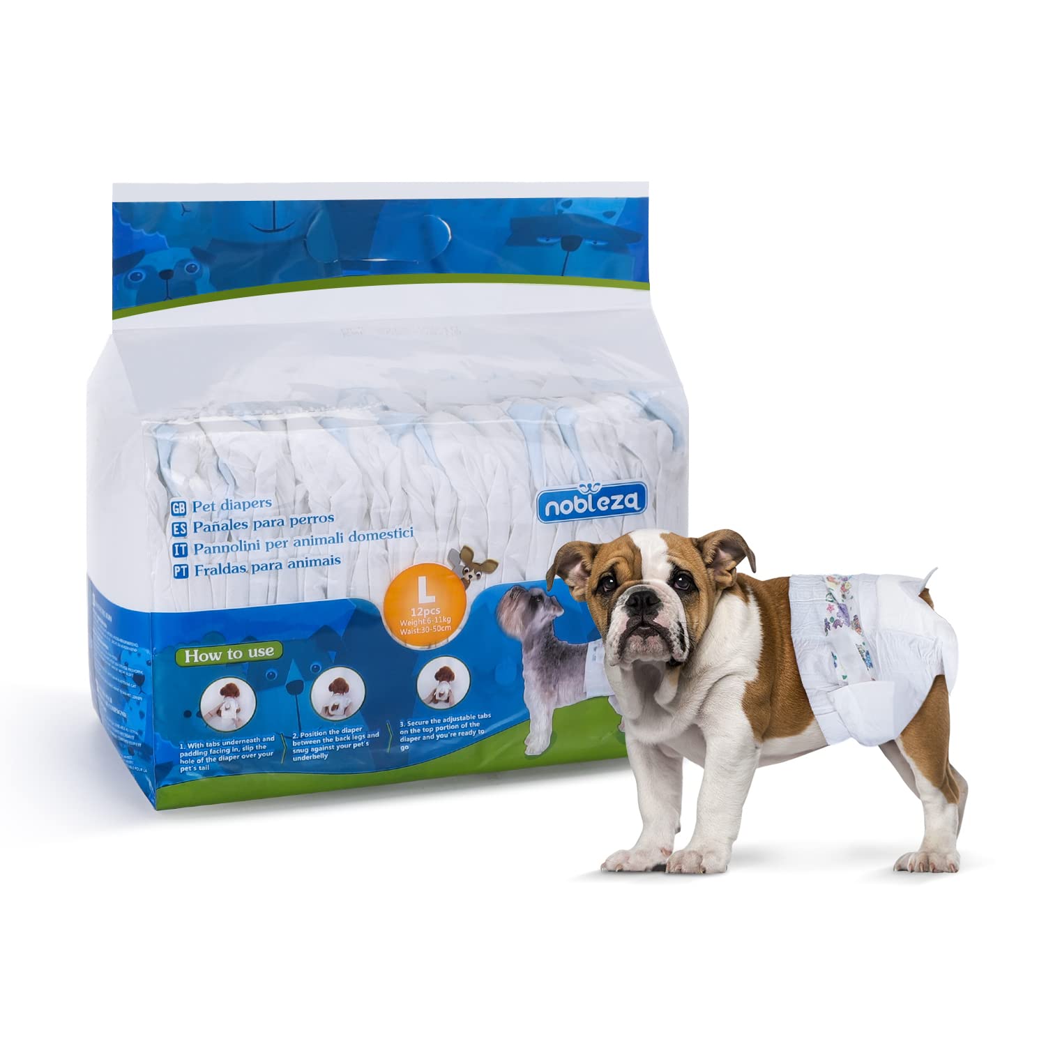 Nobleza - Dog Nappies Disposable Female, Dogs Diapers Super Absorbent with Leak Proof Fit, Pack of 12, Waist 30 -50cm , Size L: 6-11KG