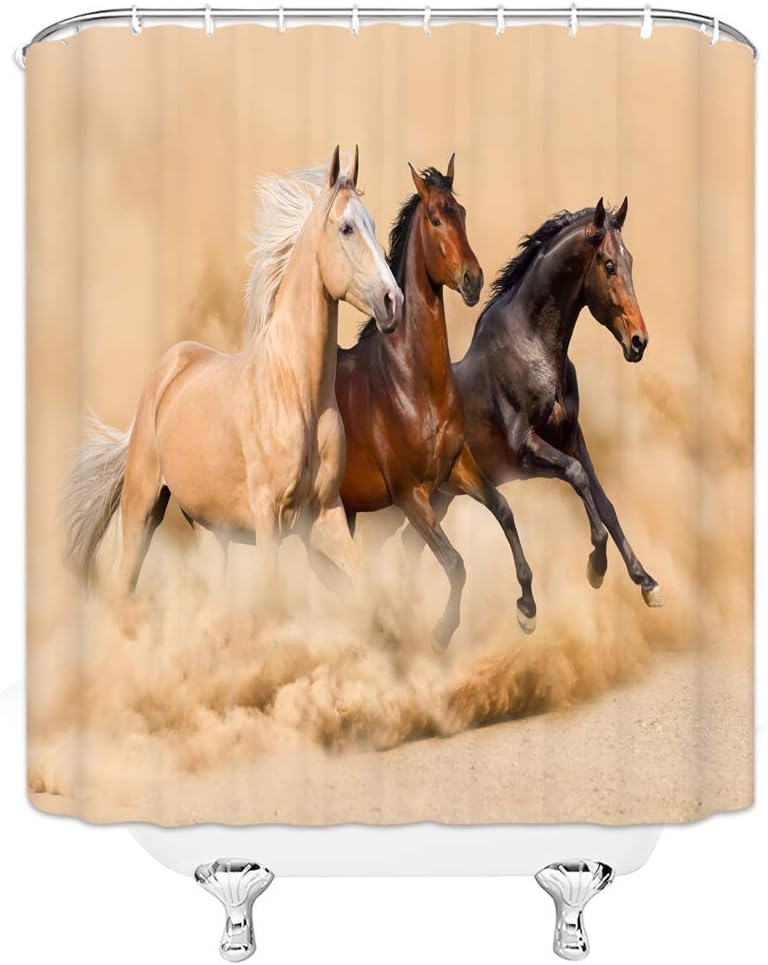 Animal Shower Curtain Powerful Horse Stallion Running in The Desert Home Bathroom Decor Quick Dry Fabric with 12 Hooks，70x70 Inch，Beige Brown