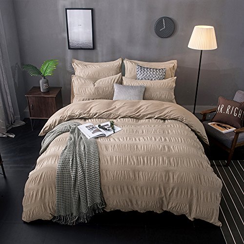 Lausonhouse 100% Cotton Woven Seersucker Stripe Duvet Cover Set - Queen - Khaki