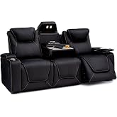 Seatcraft Concerto Home Theater Seating Black Sofa with Fold Down Table | Italian Leather, Powered Headrest &amp; Lumbar, Heat &amp; Massage, Power Recline, Fold-Down Table