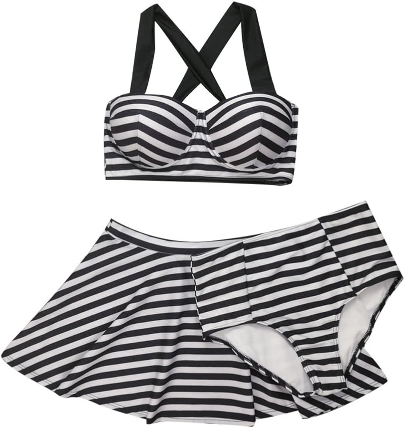 Womens 3 Pieces Halter Bikini Sets Padded Underwire Bra Swimwear Push Up Tankinis Stripe Crop Top Skirts Swimsuit Bottom Plus Size