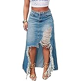 Quzzion Women's Summer Slit Midi Denim Skirt Casual High Waisted Frayed Distressed Fringe Jean Skirt