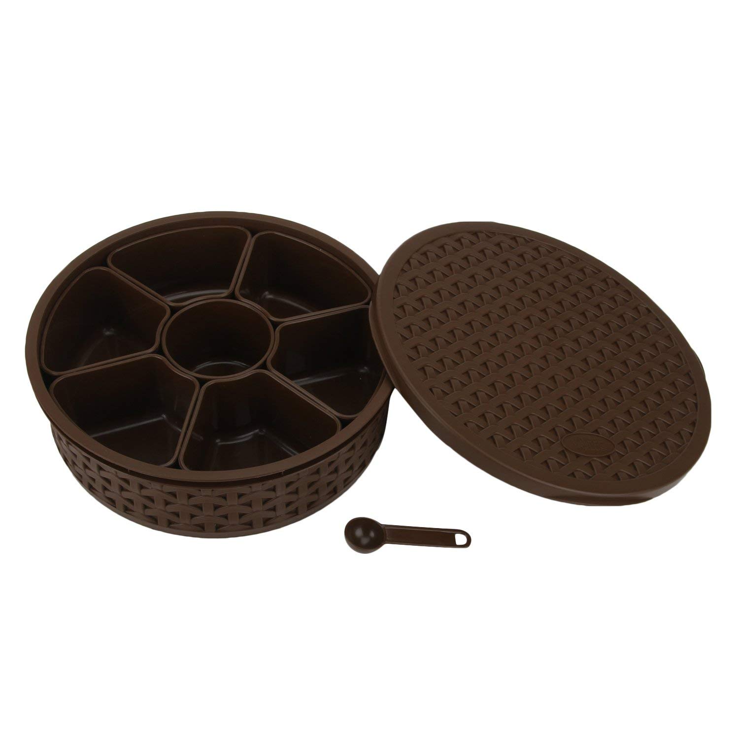 Pick N Save Plastic Masala Box, Spice Box, Masala Dabba, Authentic Indian Masala Dabba perfect for your spice storage with 7 containers and a FREE serving spoon (Brown)