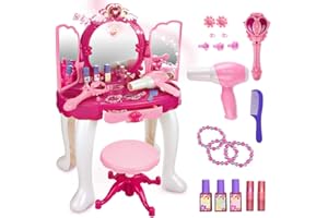 SainSmart Jr. Pretend Princess Girls Vanity Table with Fairy Infrared Control and MP3 Music Playing, Princess Dressing Makeup Table, with Mirror, Cosmetics and Working Hair Dryer , Pink