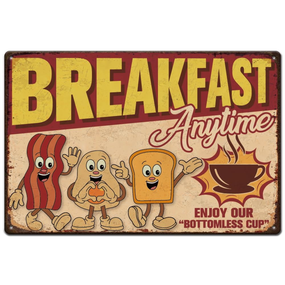 SUPERDANT Breakfast Anytime Metal Signs Funny Breakfast Coffee Diner Tin Signs Retro Metal Sign for Home Kitchen Restaurants Cafes Bars Pub Man Cave Wall Decor Plaque Sign