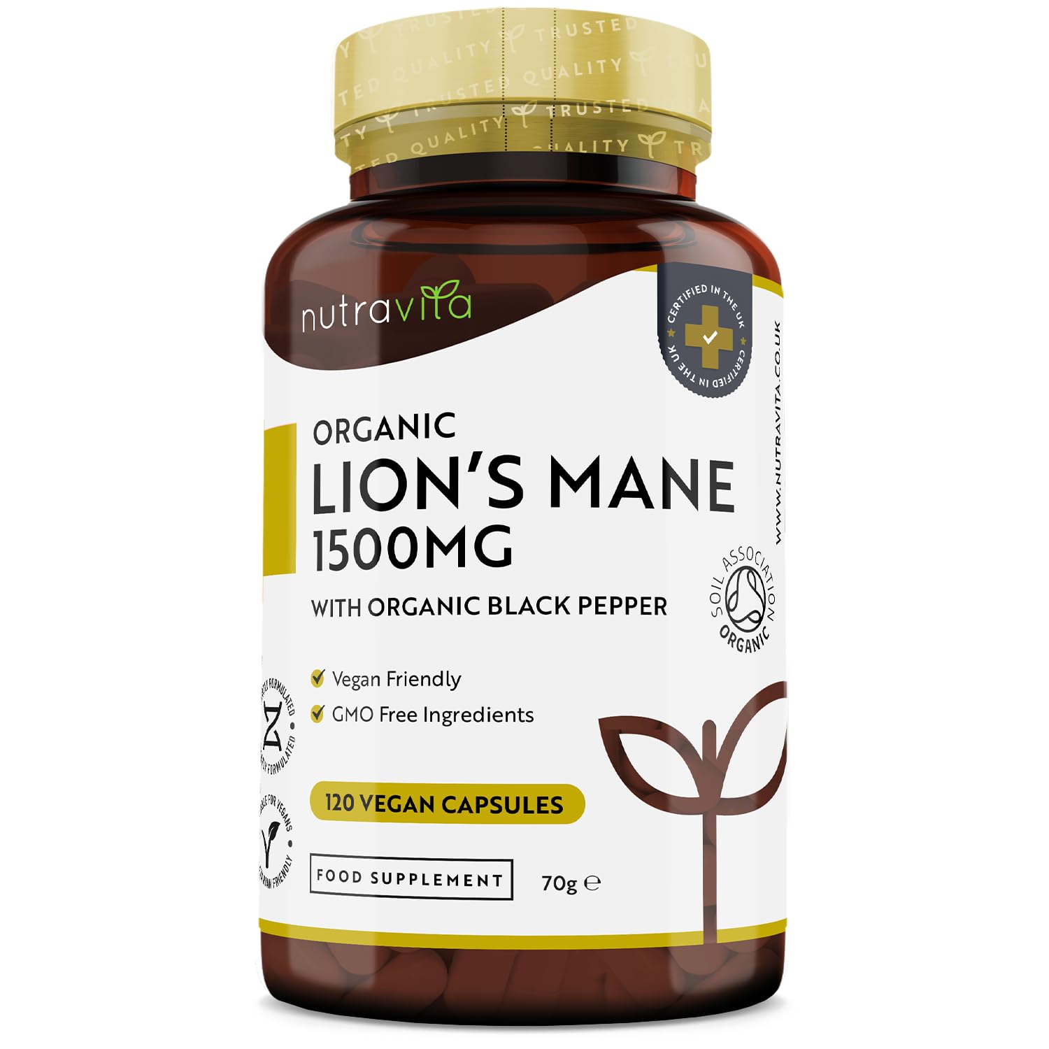 Nutravita Organic Lions Mane Mushroom 1500mg - 120 High Strength Vegan Capsules (Not Powder) - Lions Mane Supplement with Organic Black Pepper - Made in The UK