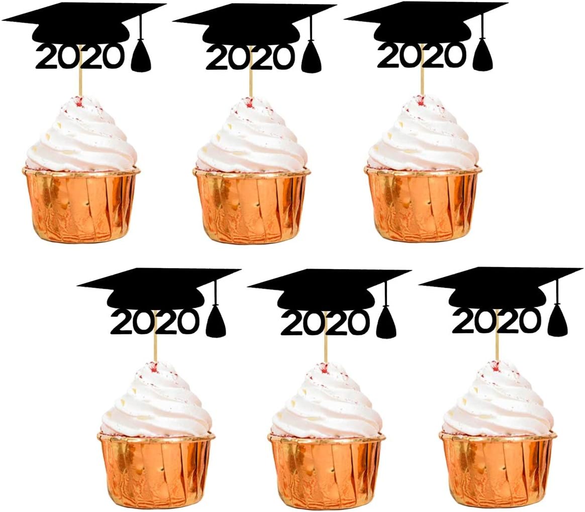JANOU Graduation Cap 2020 Black Glitter Cake topper Cupcake Toothpick Toppers Birthday Wedding Graduation Party Favors Pack 24pcs