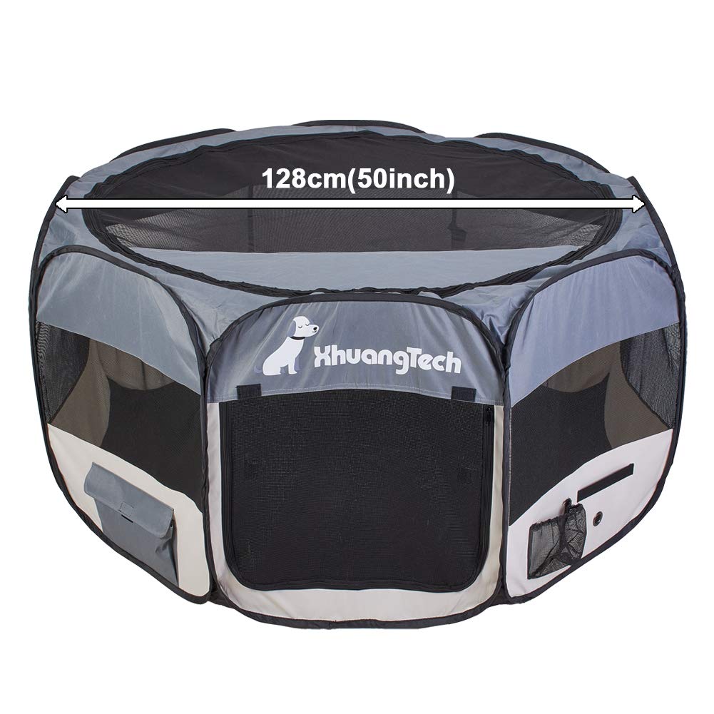 XhuangTech Soft Fabric Portable Foldable Pet Dog Cat Puppy Playpen, Indoor/Outdoor use Pet Kennel Cage 128 x 128 x 68 cm (Grey)