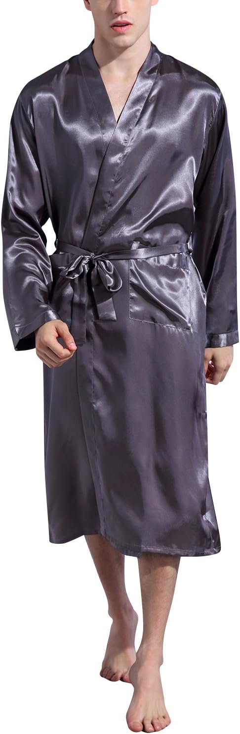 Dolamen Menโs Dressing Gown Bathrobe Kimono Satin Long, Silky Soft & Lightweight Luxury Menโs Kimono Dressing Gown Bath Robe Bridesmaid Housecoat Nightwear Pyjamas + Belt Pockets