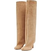 UBWDU Women's Suede Knee High Boots Square Toe Stiletto Heels Wide Calf Tall Boots