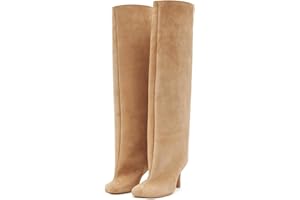 UBWDU Women's Suede Knee High Boots Square Toe Stiletto Heels Wide Calf Tall Boots