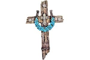 AMAJY Rustic Drifted Wood Look Wall Cross with Turquoise Decor Horseshoe Spiritual Wall Art