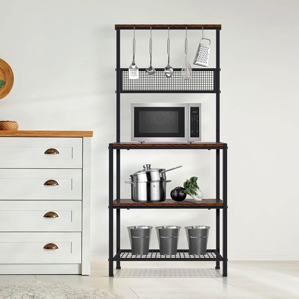 AZ L1 Life Concept Bakers Industrial Kitchen Rack Cupboard with 10 Hooks, Mesh Panel, 3 Shelves, and Adjustable Feet, for Microwave Oven Cooking Utensils, 33.1inches, Rustic Brown/33: Furniture & Decor