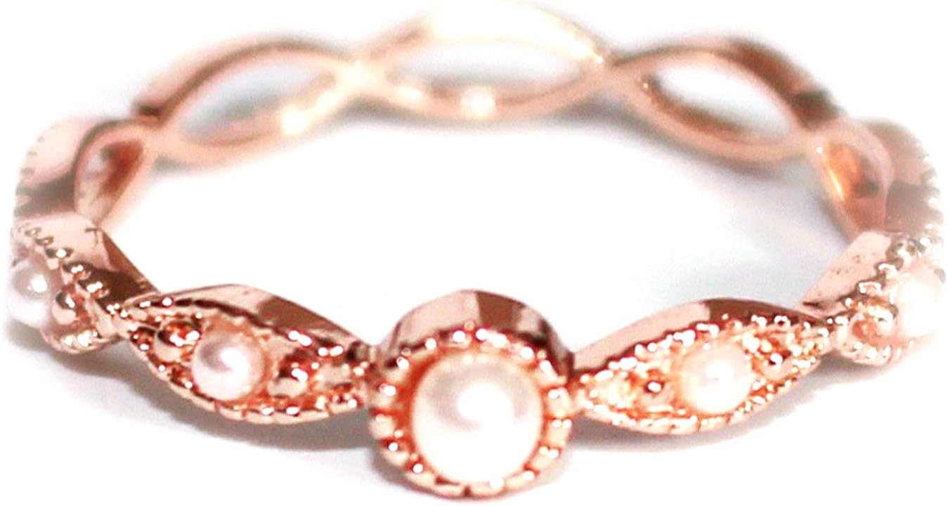 Gieschen Jewelers 'Penta' 14K Gold-Plated (Rose/White/Yellow) Dainty Stackable Ring with Simulated Pearl