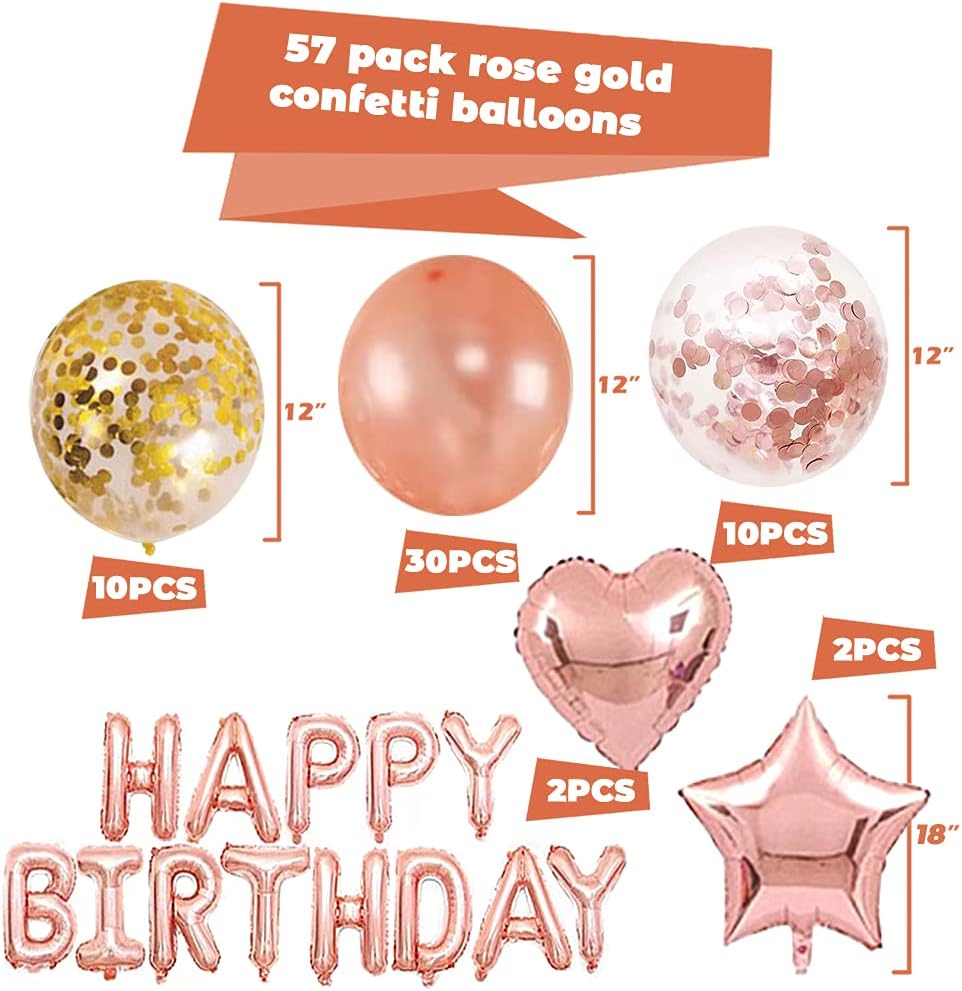 Kalyerparty Rose Gold Happy Birthday Balloons, 50 Pack Rose Gold Confetti Balloons with Happy Birthday Foil Balloons for Birthday Wedding Bridal Engagement Party Decorations: Toys & Games