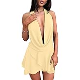 GOKATOSAU Women's Sexy Halter Plunge V Cowl Neck Low Open Back Irregular Ruffle Hem Mini Dress