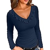 VICHYIE Womens Long Sleeve Shirts V Neck Ruffle Hem Slim Fitted Ribbed Knit Trendy Tee Tight Tops