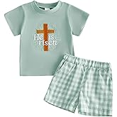 Toddler Baby Boy Easter Outfit Bunny/Cross Short Sleeve Shirt Tee Plaid Shorts Easter Summer Clothing Set