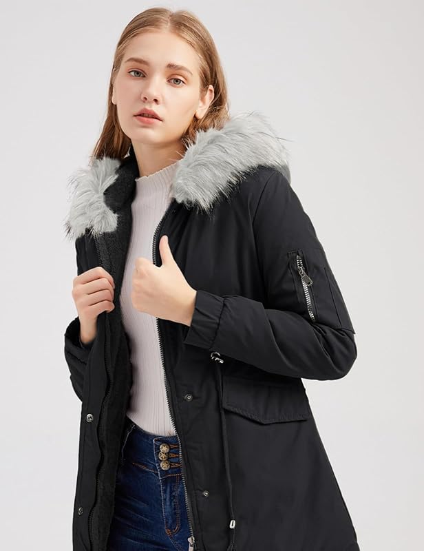 Manteau Femme Hiver Veste Polaire Chaud Parka Manches Longues Blouson Zippée À Capuche Hooded Coat Sweat-Shirts Outercoat avec Poches, Nior, M