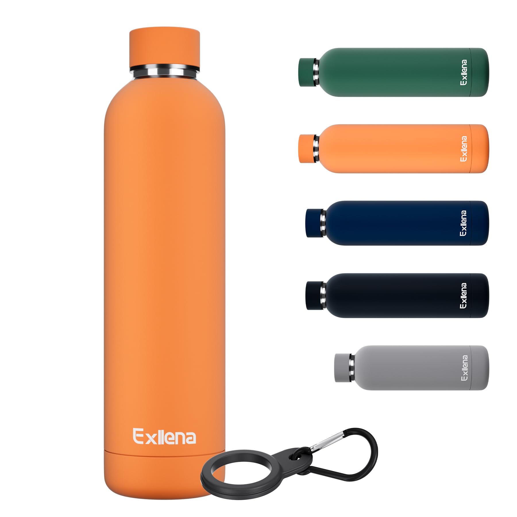 Exllena Insulated Water Bottle 1L with Buckle, Double Wall Stainless Steel, 12 Hrs Hot/24 Hrs Cold, BPA Free for Gym, Camping, Hiking (Orange)