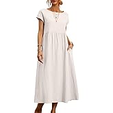 Women's Summer Cotton Short Sleeve Dress Pleated Crew Neck Loose Fit Casual Flowy Maxi Tunic Beach Dress with Pockets