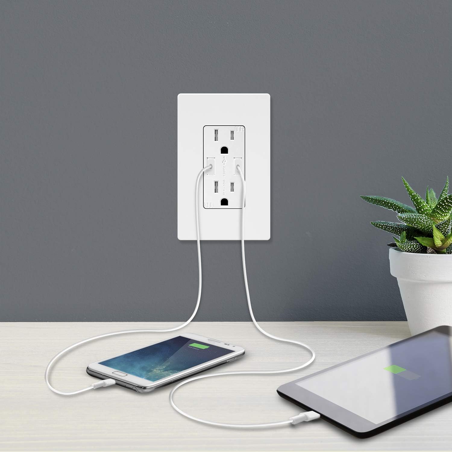 TOPGREENER TU2154A-W High Speed USB Charger Outlet, USB Wall Charger, Electrical Outlet with USB, 15A TR Receptacle, Screwless Wall Plate, for iPhone X, iPhone 8 / 8 Plus, Samsung Galaxy and more, TU2154A, White: Home Improvement