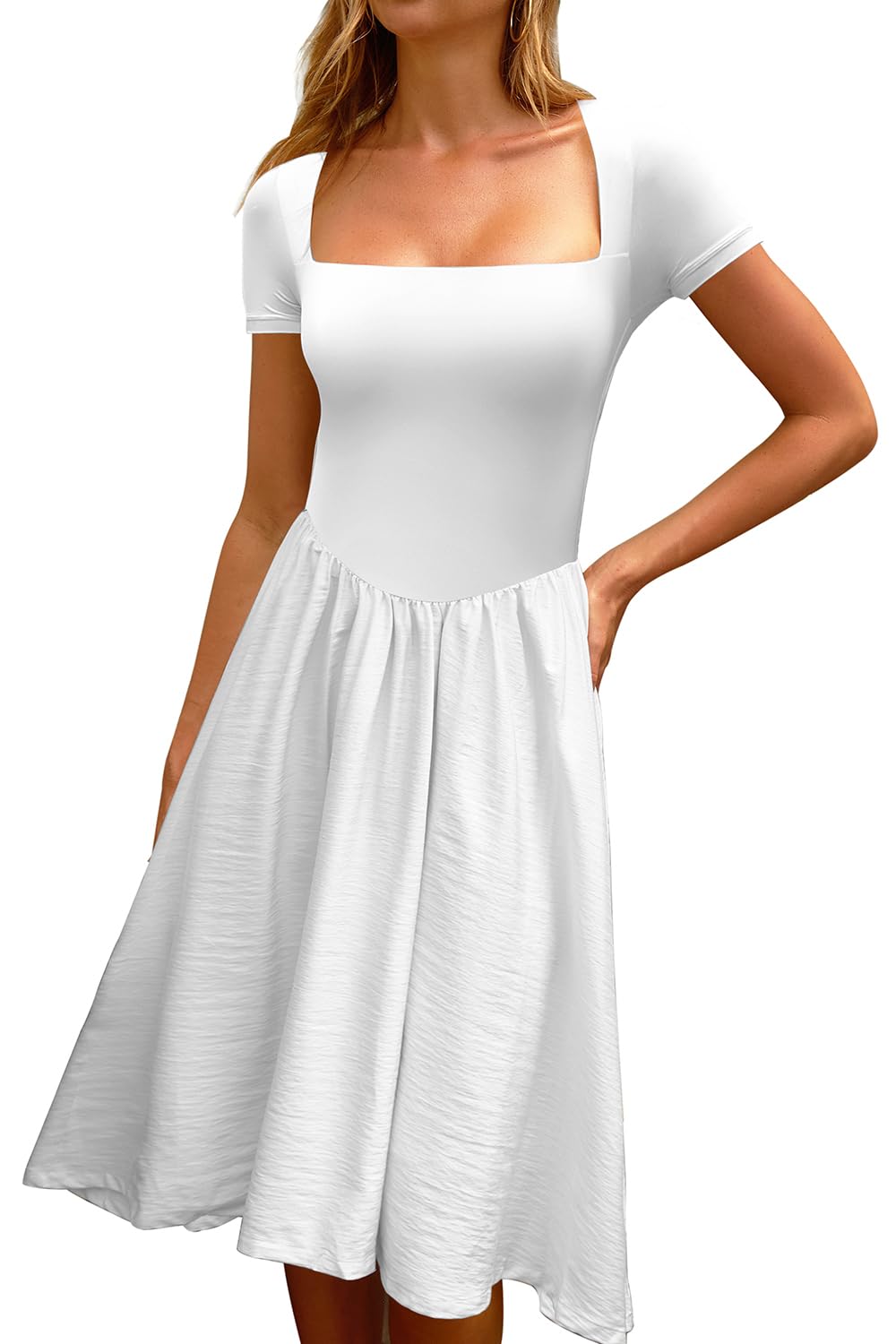 Photo 1 of CHYRII Womens White Dress Fashion Summer 2025 Square Neck Short Sleeve A-Line Midi Dress Long Sundress M